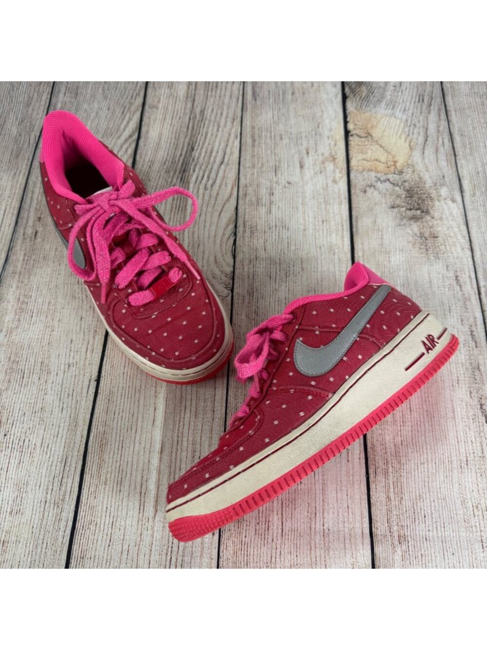 Nike Air Force 1 ‘06 GS Pink Polka Dot Metallic Silver Swoosh Youth Size 6Y